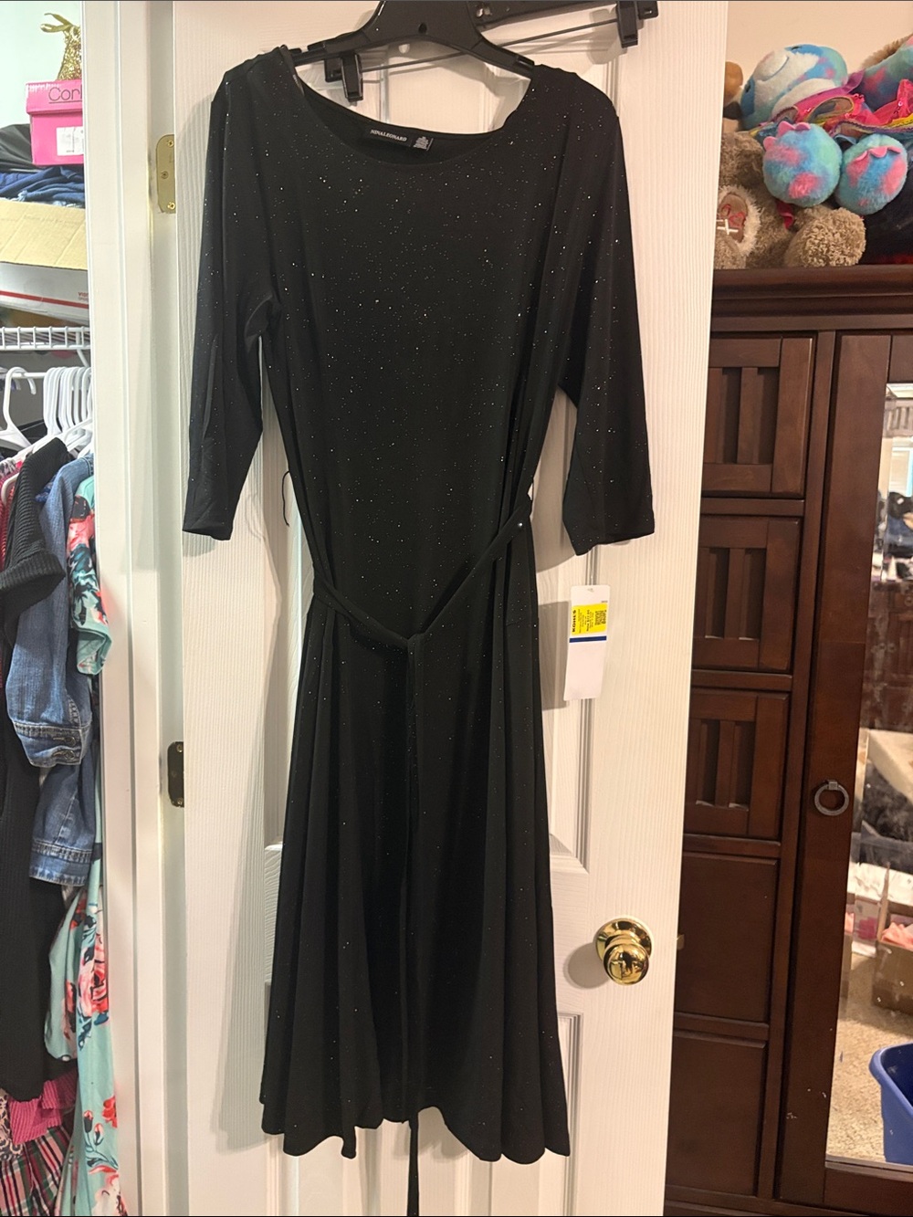 Nina Leonard Black Glitter Midi Dress with Waist Tie